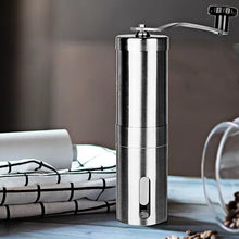 Load image into Gallery viewer, Silver Coffee Grinder Mini Stainless Steel Hand Handmade Bean Burr Grinders Mill Tools Adjustable Grinding Thickness Sprayer