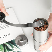 Load image into Gallery viewer, Silver Coffee Grinder Mini Stainless Steel Hand Handmade Bean Burr Grinders Mill Tools Adjustable Grinding Thickness Sprayer