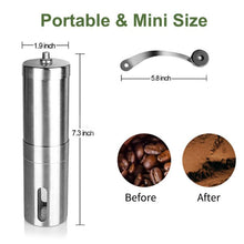 Load image into Gallery viewer, Silver Coffee Grinder Mini Stainless Steel Hand Handmade Bean Burr Grinders Mill Tools Adjustable Grinding Thickness Sprayer