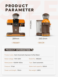 I Cafilas 19Bar Semi Automatic Coffee Espresso Machine With Grinder & Steam Wand Espresso Maker