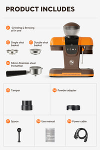 I Cafilas 19Bar Semi Automatic Coffee Espresso Machine With Grinder & Steam Wand Espresso Maker