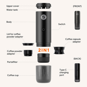 Portable Espresso Coffee Machine 3-in-1 Capsule Coffee Maker for Car & Home Camping with NS & Ground Coffee & DG Capsules