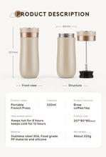 Load image into Gallery viewer, Portable Coffee Maker French Press Stainless Steel Travel Camping Outdoor 320ml Coffee Bottle Keep Cool &amp; Hot Maker Plunger Glass Tea Pot French Coffee Press
