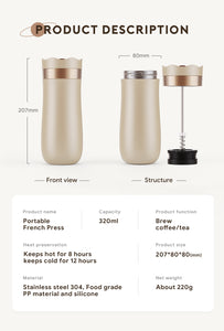 Portable Coffee Maker French Press Stainless Steel Travel Camping Outdoor 320ml Coffee Bottle Keep Cool & Hot Maker Plunger Glass Tea Pot French Coffee Press