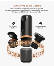 Load image into Gallery viewer, iCafilas 2 IN 1 Portable Coffee Machine for Car Travel Expresso Coffee Maker Fit Nespresso Original Capsule Pod &amp; Coffee Powder
