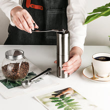 Load image into Gallery viewer, Silver Coffee Grinder Mini Stainless Steel Hand Handmade Bean Burr Grinders Mill Tools Adjustable Grinding Thickness Sprayer
